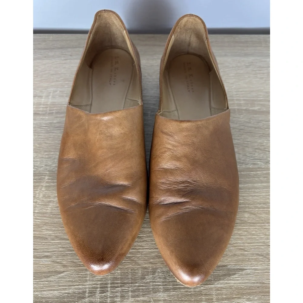 I.N.K. Shoes Made in Italy Cognac Leather Loafers Slip On Flats Burnished Sz 9.5